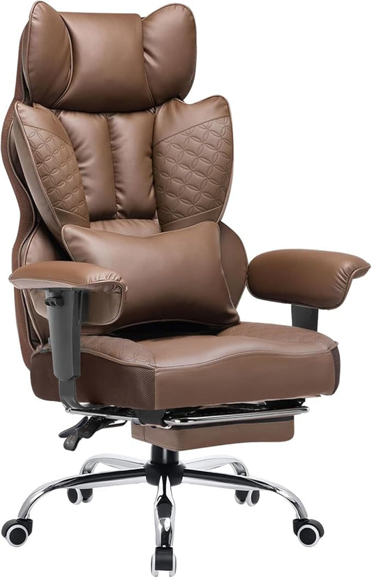 COMHOMA Big and Tall Office Chair 400LBS Wide Ergonomic Gaming Chair with Deluxe Embossing Designed Leather with Foot Rest,150°Reclining Adjustable Armrests Pocket Spring Back Support and Pillow