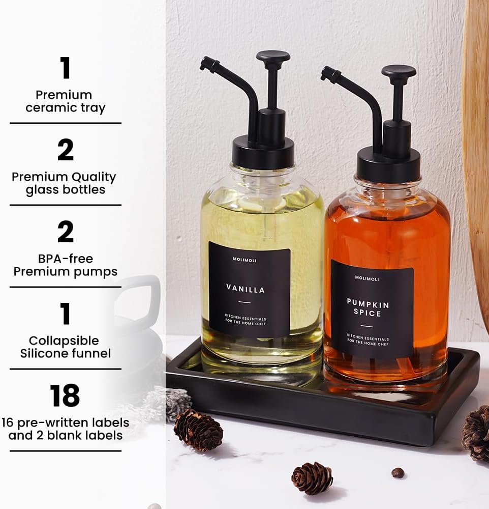 Molimoli Coffee Syrup Dispenser - Glass Bottle with Pump, Maple/Coffee Syrup, Labels and Tray