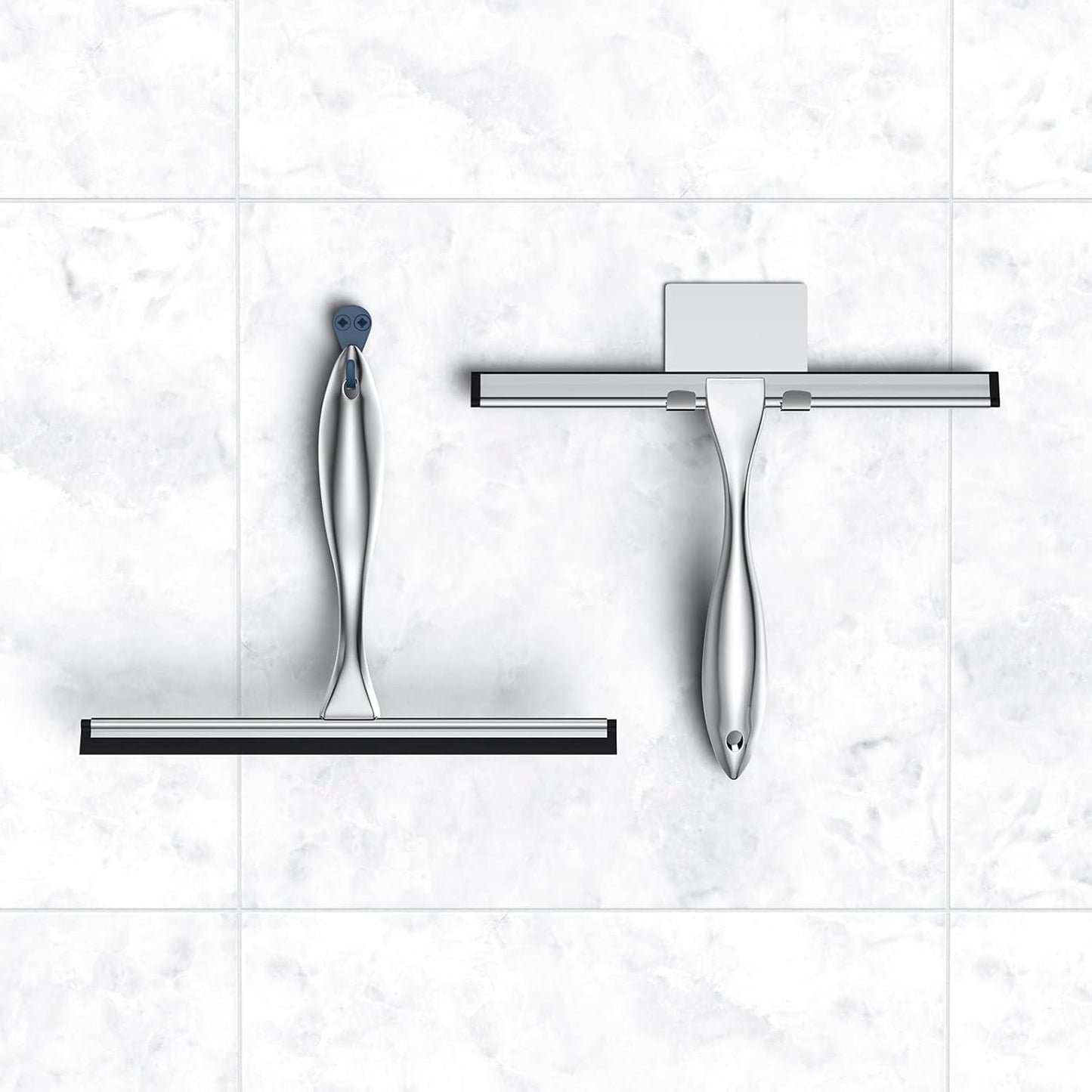 Shower Squeegee Set, 14-Inch Stainless Steel Squeegee, All-Purpose Squeegee for Bathroom, Shower Doors, Mirrors, Tiles, and Car Windows - 100% Streak Free, Includes Shower Door Hook and Adhesive Hook