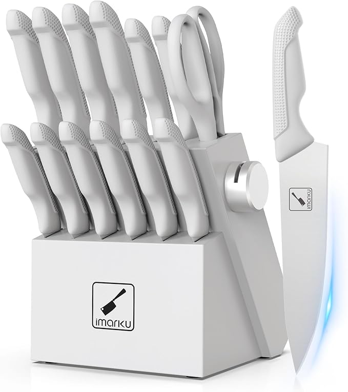 imarku 14-Piece Kitchen Knife Set with Block and Sharpener, Professional Stainless Steel with Non-Slip Ergonomic Handle, Dishwasher Safe, Home Essential, Gray-White