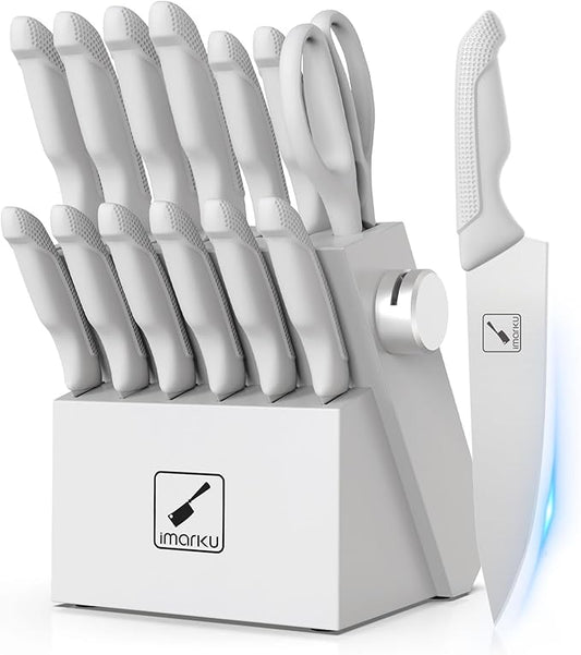 imarku 14-Piece Kitchen Knife Set with Block and Sharpener, Professional Stainless Steel with Non-Slip Ergonomic Handle, Dishwasher Safe, Home Essential, Gray-White