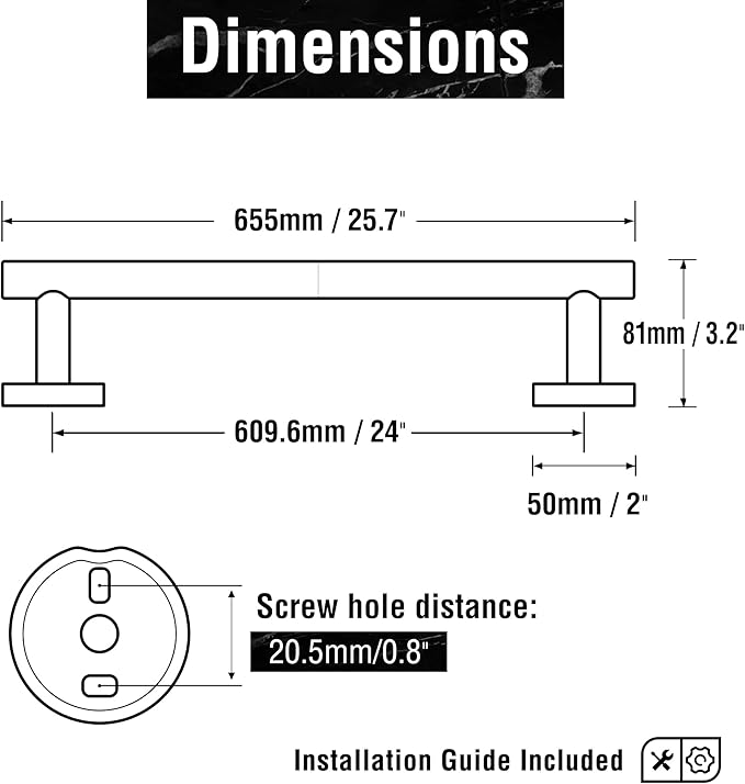 HITSLAM Matte Black 25.7 Inch Towel Bar for Bathroom, SUS304 Stainless Steel Bathroom Towel Rack Wall Mounted, Modern Home Decor Bath Towel Holder with Hardware Accessories