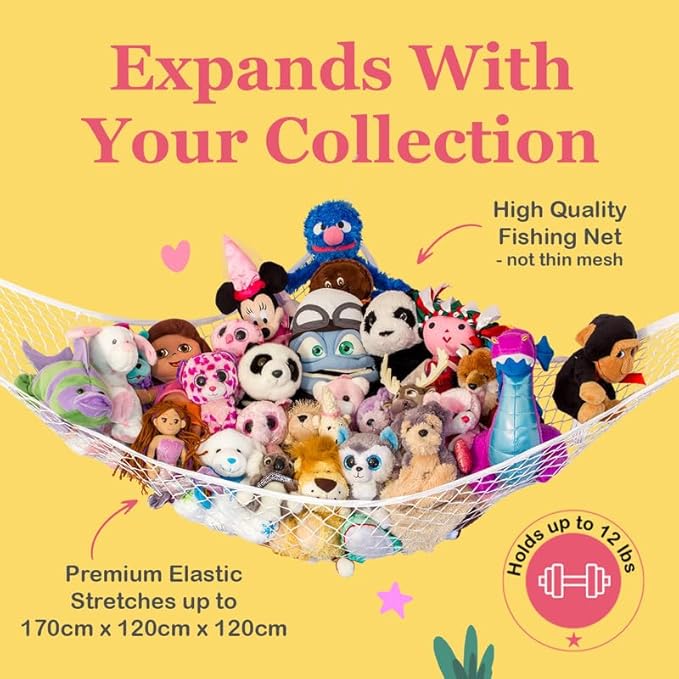 Lilly's Love Stuffed Animal Hammock | Corner Hanging Organizer, Toy Storage, Stuffed Animal Storage Net | Made from Quality Fishing Net, Holds 12lbs | 67"x47"x47" (Pink, 2 Pack)
