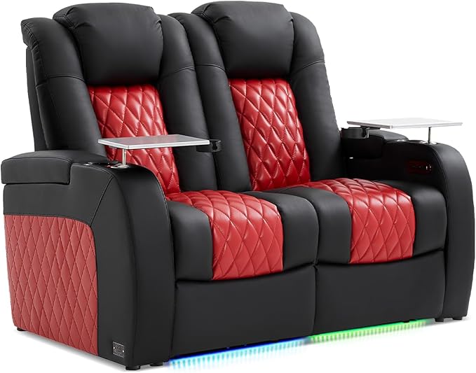 Home Theater Seating, Top Grain Leather Movie Seats Recliner Chair, Zero Gravity Reclining Gaming Sofa with Power Headrest 7 Colors Ambient Lighting 2 Seats Loveseat Black Dark Red