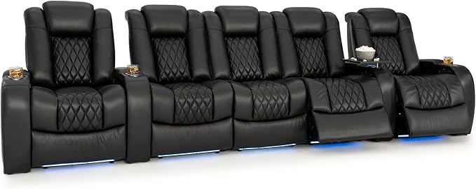 Seatcraft Diamante Zero-Gravity CoolZero Italian Leather Home Theater Seating, Power Headrest, Power Recline, Row of 5 Middle Sofa, Black