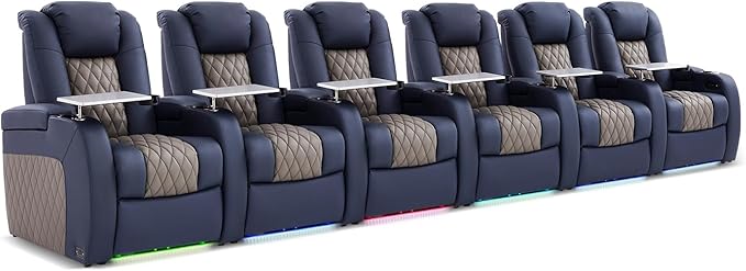 Home Theater Seating, Top Grain Leather Movie Seats Recliner Chair, Zero Gravity Reclining Gaming Sofa with Power Headrest 7 Colors Ambient Lighting 6 Seats Blue Grey