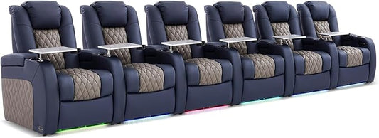 Home Theater Seating, Top Grain Leather Movie Seats Recliner Chair, Zero Gravity Reclining Gaming Sofa with Power Headrest 7 Colors Ambient Lighting 6 Seats Blue Grey