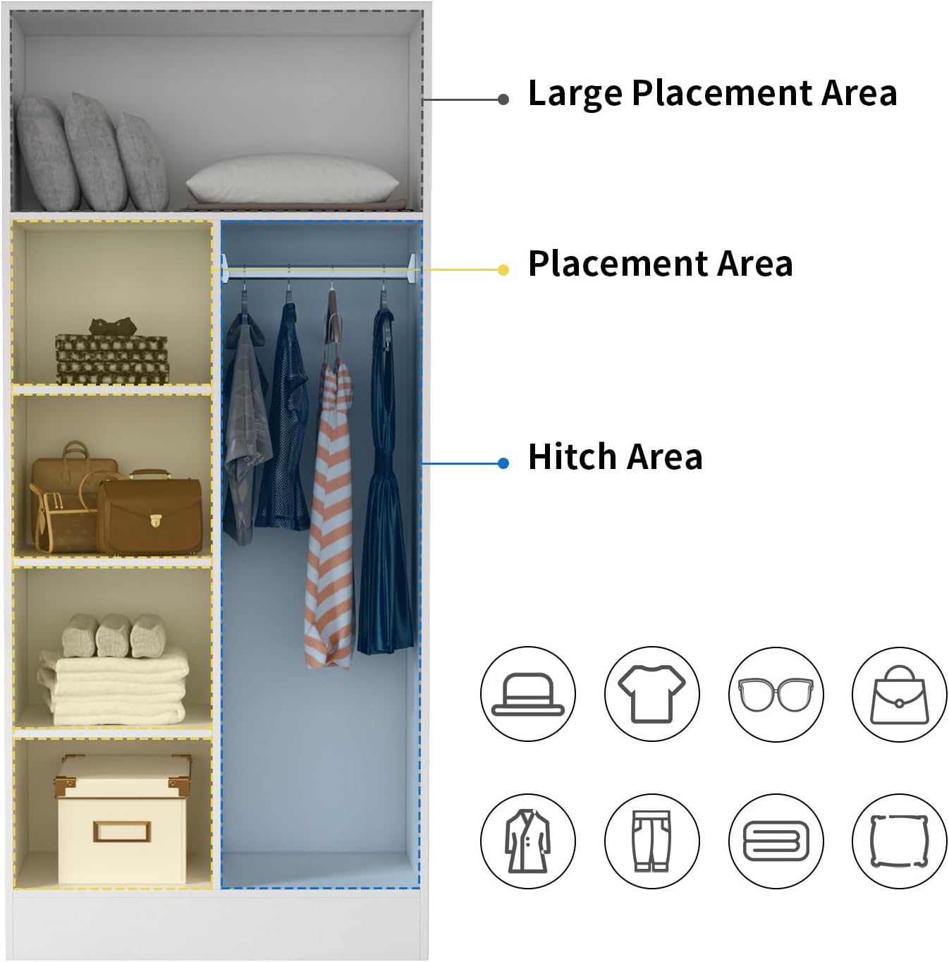 Hitow 2-Door Wardrobe Cabinet with Hanging Rod and 5 Shelves, Modern Free Standing Wood Storage Closet with Sliver Metal Handles for Bedroom, White, 31.5”W x 19.1”D x 70.9”H