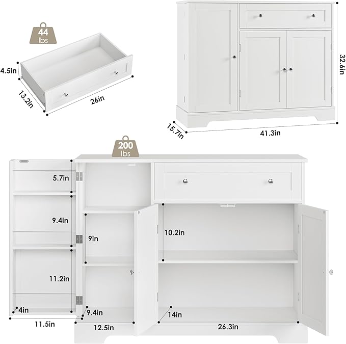 HOSTACK Buffet Cabinet with Storage, Modern Sideboard Buffet with Doors, Wood Coffee Bar Kitchen Storage Cabinet with Drawer and Adjustable Shelf for Kitchen, Dining Room, Living Room, White