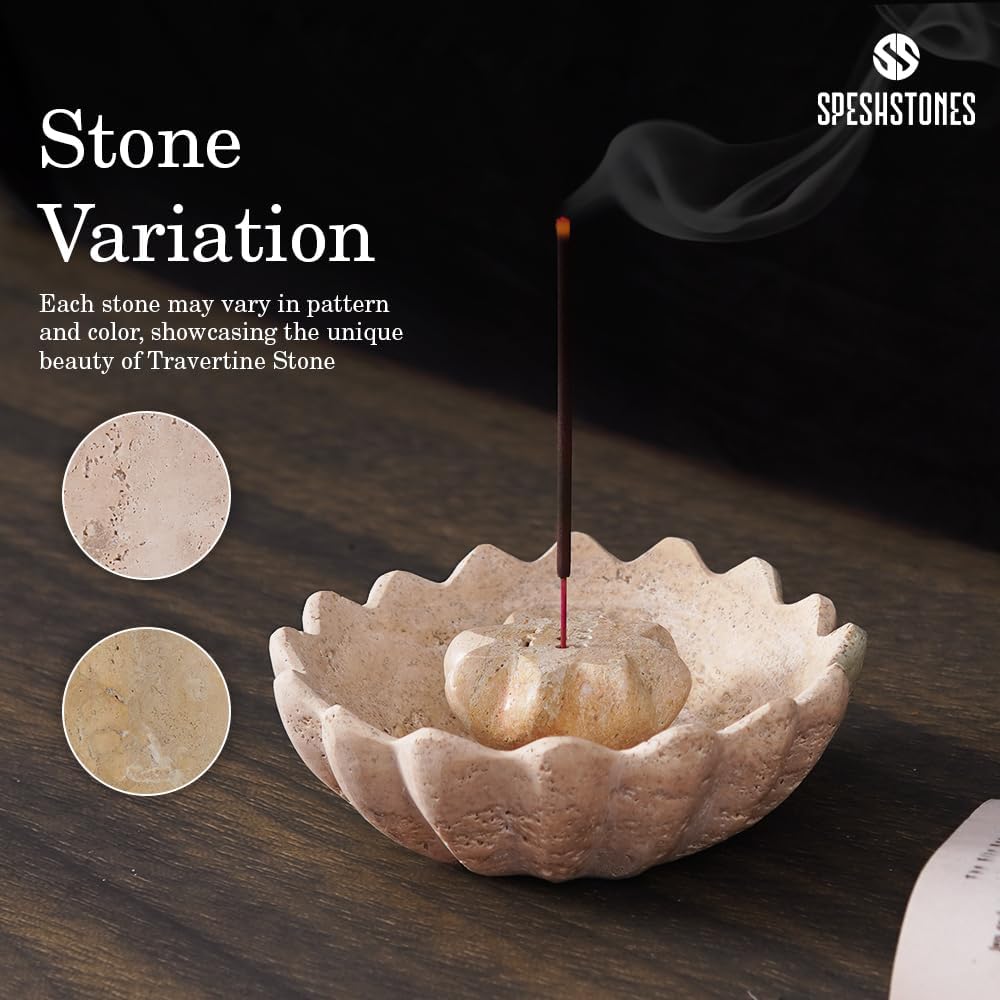 Marble Incense Holder 5.5 Inch Handmade Round Travertine Palo Santo Sticks Holder for Aesthetic Home & Bedroom décor, Inscents Stick Burner for Aromatherapy & Fragrance Accessories