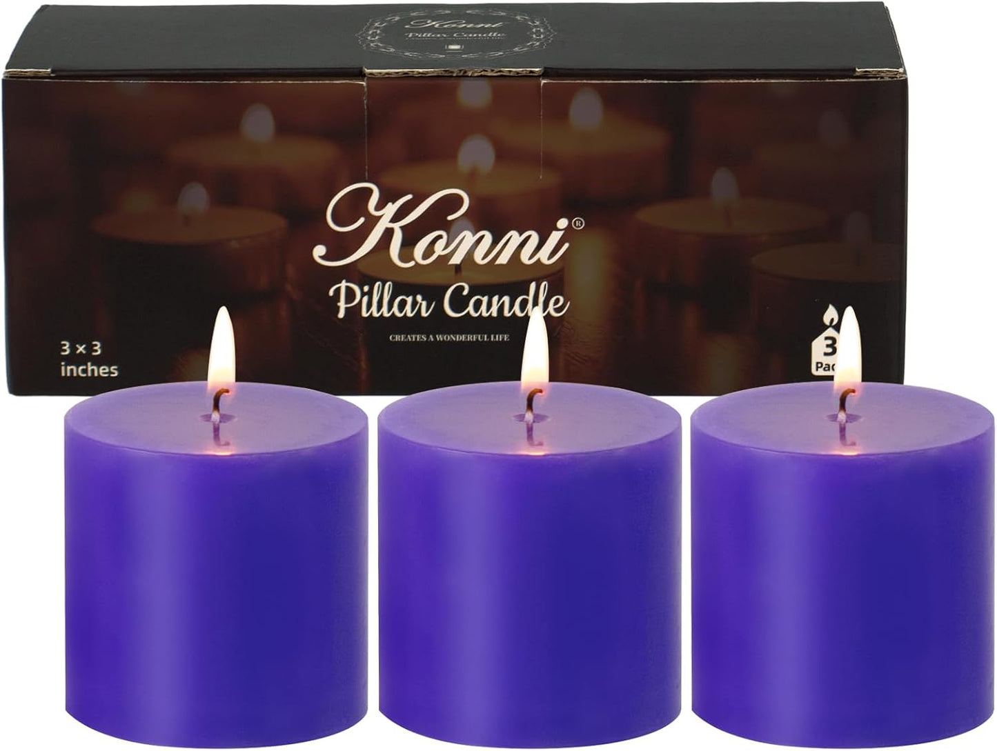 KONNI Violet Pillar Candles Set of 3, 3"x 3" Unscented Pillar Candles Bulk, 30 Hours Long Burning Candles, Smokeless and Dripless Large Round Candle for Wedding, Home Decoration, Parties, Spas, Dinner