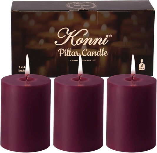 KONNI Purple Pillar Candles Set of 3, 3"x 4" Unscented Pillar Candles Bulk, 39 Hours Long Burning Candles, Smokeless&Dripless Large Round Candle for Wedding, Home Decoration, Parties, Spas, Dinner