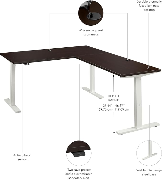 Bush Business Furniture 60-inch Height Adjustable L Shaped Standing Desk, Electric Sit-Stand Corner Computer Table, Ergonomic Office, Move 60 Series, Mocha Cherry with White Base