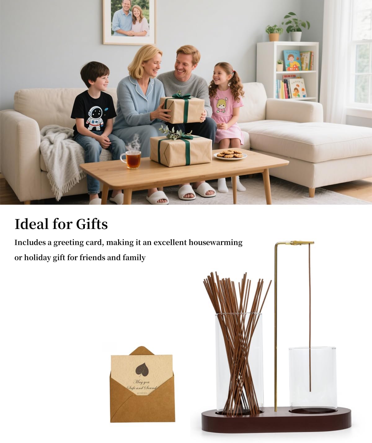 2 in 1 Glass Incense Holder for Sticks with 9-Hole Upright Burner, Ash Catcher, Cleaning Brush & Greeting Card, Meditation & Yoga Accessories,Gift for Home Decor (Light Base)