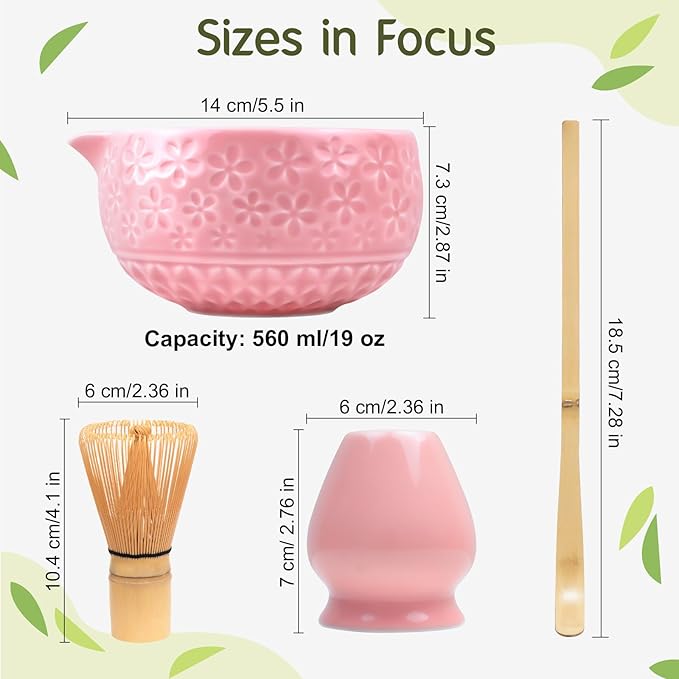 Matcha Whisk Set Matcha Kit: Ceramic Matcha Bowl, Matcha Whisk Holder, Bamboo Whisk(Chasen), Bamboo Scoop, 4Pcs Matcha Tea Set for Matcha Lover, Family Christmas Birthday Gift (Pink)