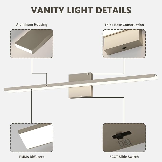 JUSHENG Brushed Nickel Vanity Lights for Bathroom Light Fixtures 5CCT Dimmable Vanity Light Bar LED Bathroom Lighting Over Mirror 31.5'' Inch 32W ETL Certificated