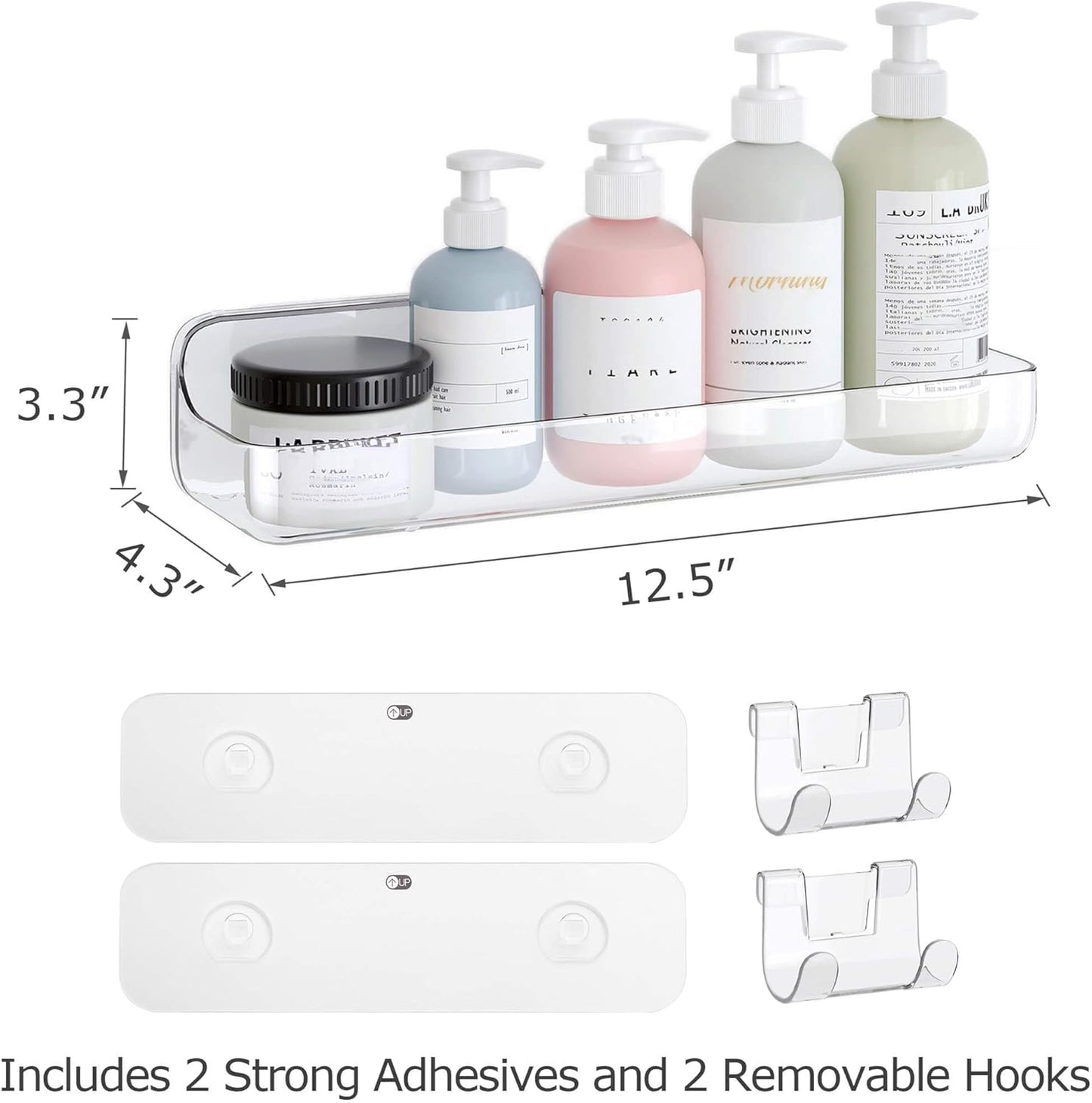 UDD Acrylic Shower Caddy Shower Organizer, Plastic Adhesive Shelf with Hook and Self Adhesive Tape, No Drilling Clear Wall Mount Shower Shelves for Bathroom Kitchen, Clear