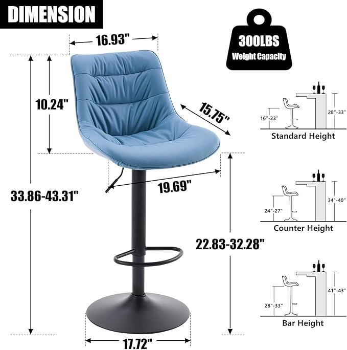 Kidol & Shellder Bar Stools Set of 2 Adjustable Swivel Blue, PU Leather Upholstered with Back, Modern Counter Height Stools for Kitchen Island, Home Bar