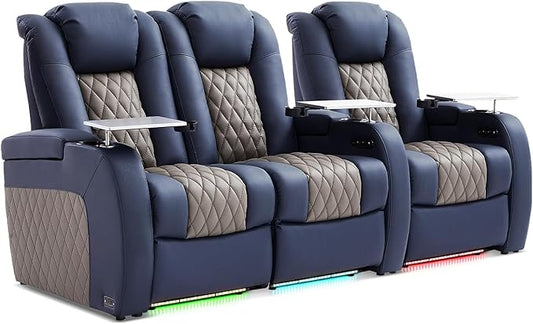 Home Theater Seating, Top Grain Leather Movie Seats Recliner Chair, Zero Gravity Reclining Gaming Sofa with Power Headrest 7 Colors Ambient Lighting 3 Seats Loveseat Left Blue Grey