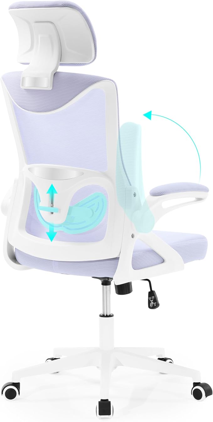 Fizzin Ergonomic Office Chair,Ergonomic Desk Chair with Headrest Purple Computer Chair with High Back Adjustable Lumbar Support, Rolling Swivel Chairs with Wheel Armrests for Home Office (Lavender)