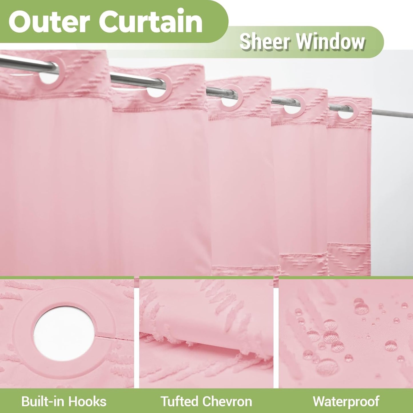 Long No Hook Shower Curtain with Snap in Liner, Tufted Chevron Striped Shower Curtain Set for Bathroom, Boho Waterproof and Washable Shower Curtains, 71Wx80H, Pink
