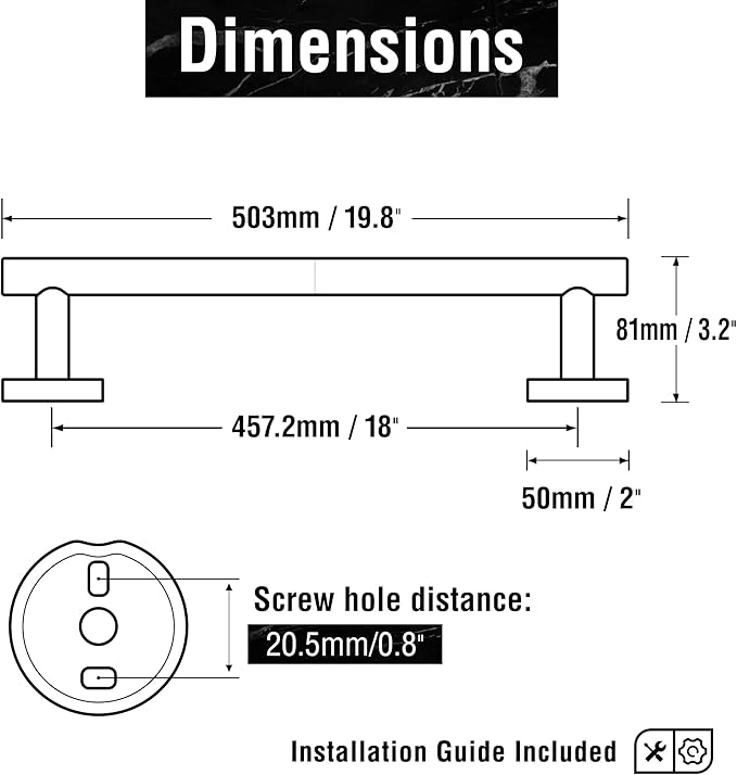 HITSLAM Matte Black 19.8 Inch Towel Bar for Bathroom, SUS304 Stainless Steel Bathroom Towel Rack Wall Mounted, Modern Home Decor Bath Towel Holder with Hardware Accessories