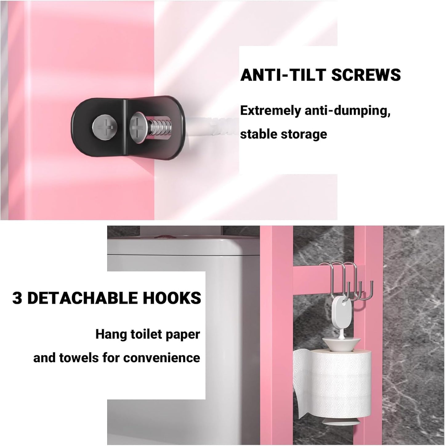 Homykic Bamboo Over The Toilet Storage Shelves, 3-Tier Above Toilet Storage Organizer Rack with 3 Hooks, Freestanding Bathroom Tower Shelf Unit for Small Space, No Rust, Easy to Assemble, Pink