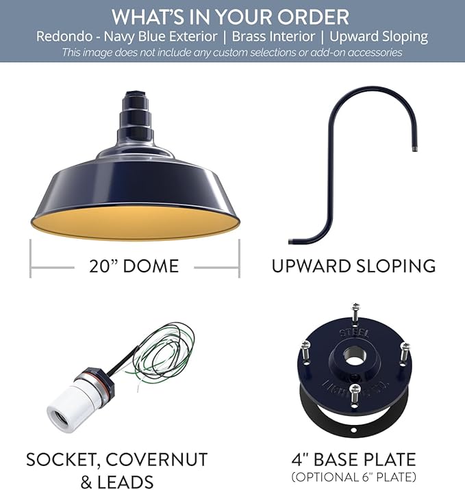 Steel Lighting Co. Redondo Barn Light | Outdoor Wall Mounted | 20 inch Dome | Upward Sloping Gooseneck | Large Farmhouse Warehouse Light Made in America | Navy Blue Exterior/Brass Interior