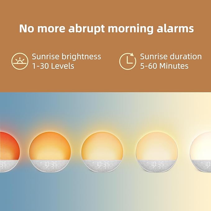 Sunrise Alarm Clock White Noise Machine: Natural Wake Up Light - Dimmable Clock with Bluetooth Speaker for Bedroom - 25 Sleep Sounds for Baby Adults Kids Frost White