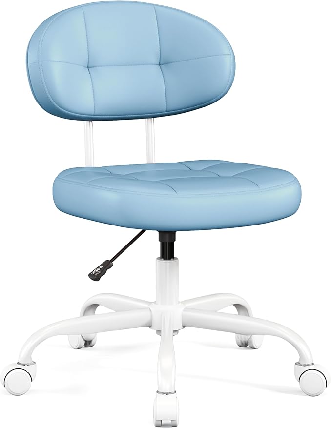 Misolant Vanity Chair with Back, Small Armless Cute Office Chair with Wheels and Lumbar Support, Comfy PU Leather Desk Computer Chairs with Adjustable Height, 360°Swivel for Home Bedroom Office, Blue