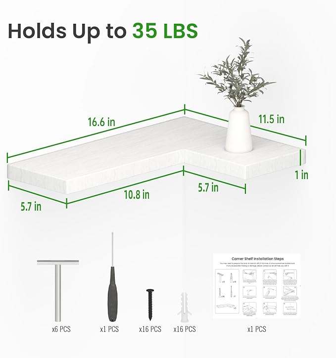 NATURE'S SOURCE Corner Floating Shelves with Invisible Brackets, Corner Shelves Wall Mounted Set of 3, Bedroom Bathroom Kitchen Living Room Office- Modern Style 16.6" x 6" (White)