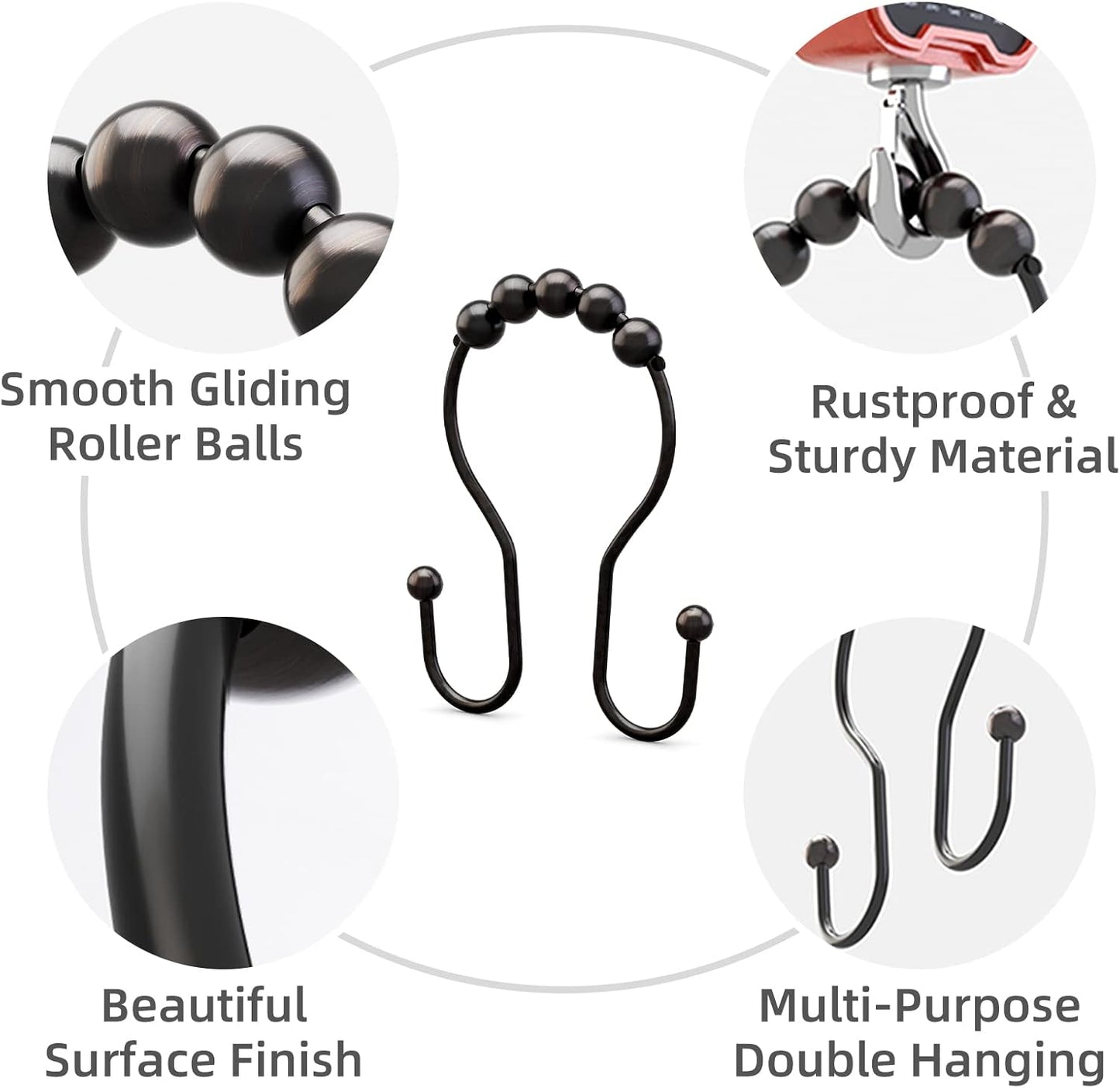 Shower Curtain Hooks Bronze Shower Curtain Rings Rust Proof Double Hook Shower Curtain Hooks, 12 Pcs Shower Hooks for Shower Curtain, Shower Rings for Curtain Bathroom, Metal Shower Rod Hooks