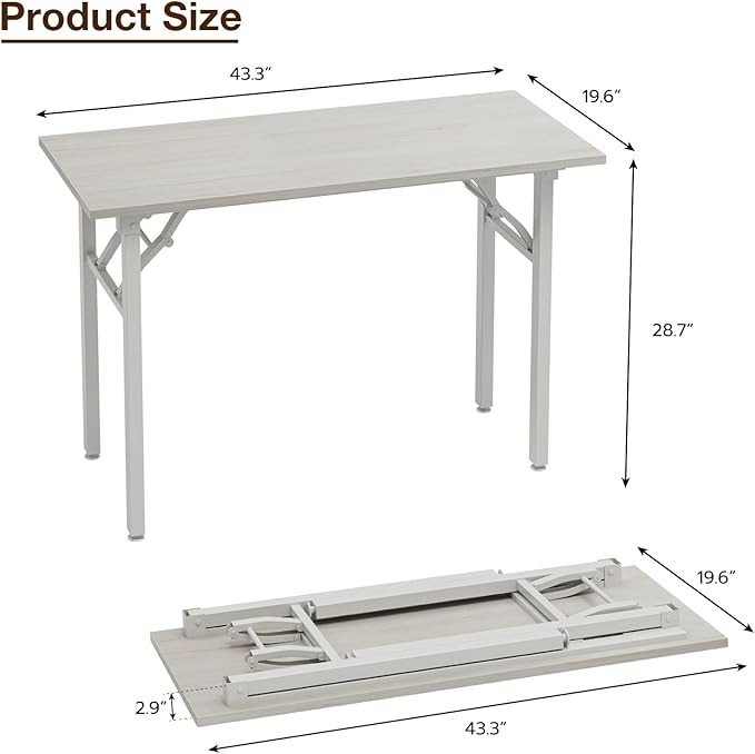 TEMI Small Computer Desk Folding Table - 43.3" Foldable Office Desk, No Assembly, Perfect for Small Spaces in Bedroom, Dorm, or Apartment, Portable Mini Desk or Study Table Compact Design, White Ash