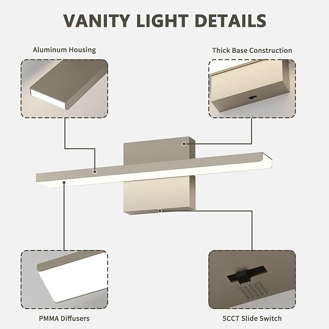 JUSHENG Brushed Nickel Vanity Lights for Bathroom Light Fixtures 5CCT Dimmable Vanity Light Bar Bathroom Lighting 16.14'' Inch 16W ETL Certificated