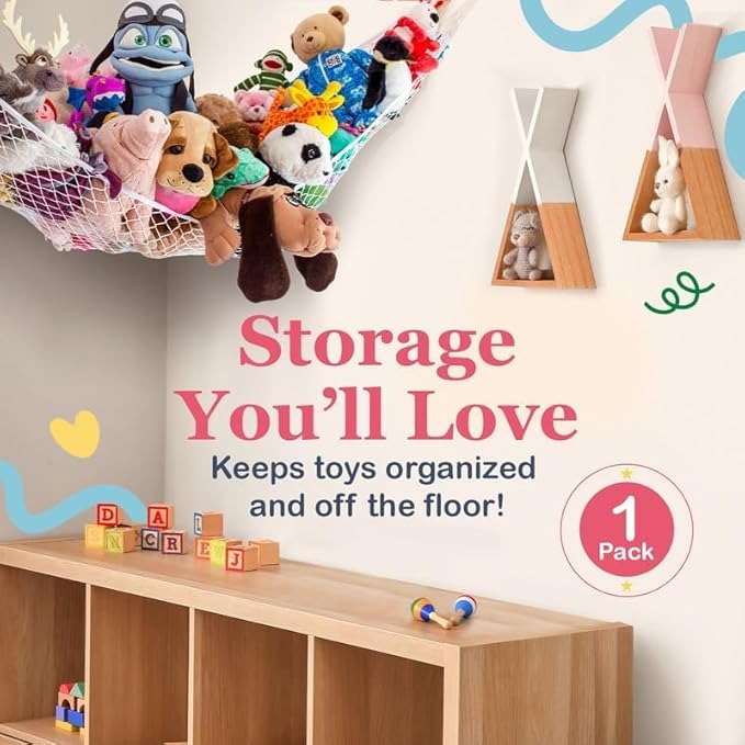 Lilly's Love Stuffed Animal Storage Net Hammock, Nursery Hanging Organizer - Jumbo Extra Large STUFFIE Party Hammock | Organize The Chaos | Holds 50% More Stuffies | 63" x 63" x 79" - Blue