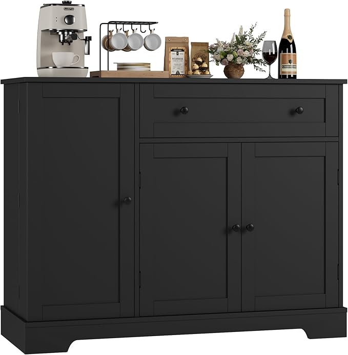 HOSTACK Buffet Cabinet with Storage, Modern Sideboard Buffet with Doors, Wood Coffee Bar Kitchen Storage Cabinet with Drawer and Adjustable Shelf for Kitchen, Dining Room, Living Room, Black