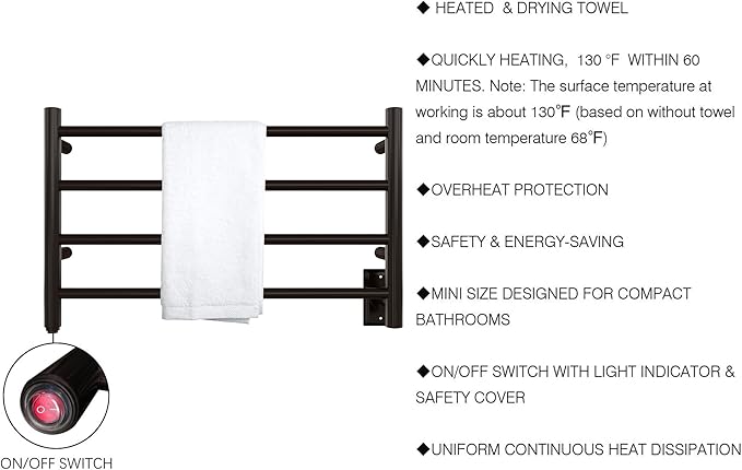 HEATGENE Towel Warmer 4 Bar Towel Dryer Wall-Mounted Plug-in Bath Towel Heater - Venetian Bronze