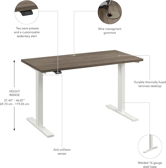 Bush Business Furniture 48-inch Electric Height Adjustable Standing Desk, Ergonomic Sit-Stand Computer Table for Home and Professional Office, Move 60 Series, Modern Hickory with White Base