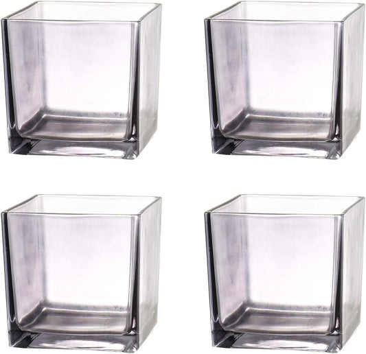Square Glass Vases Set of 4, 4"x 4"x 4" Flower Vases for Centerpieces, Grey Glass Vase for Flowers, Small Vase for Wedding, Party, Home Office Decoration
