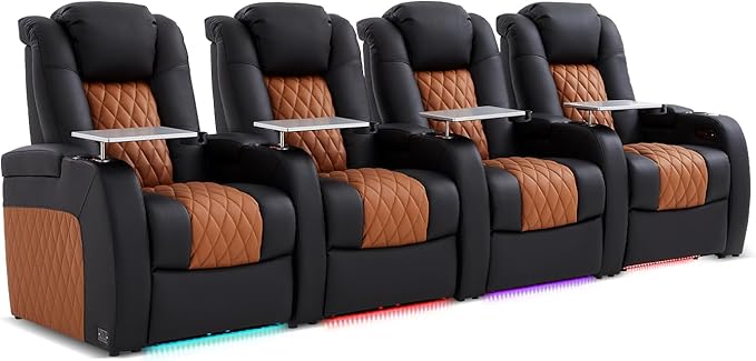 Home Theater Seating, Top Grain Leather Movie Seats Recliner Chair, Zero Gravity Reclining Gaming Sofa with Power Headrest 7 Colors Ambient Lighting 4 Seats Black Camel