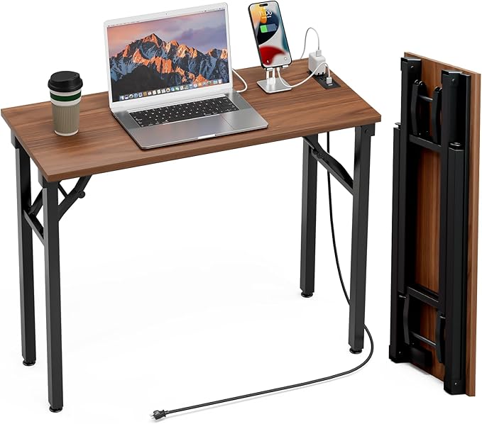TEMI Small Computer Desk Folding Table - No Assembly, Compact 35.8" Foldable Desk with Power Outlets & USB Charging Port, Portable Small Office Desk, Ideal Mini Study Table for Narrow Spaces, Walunt