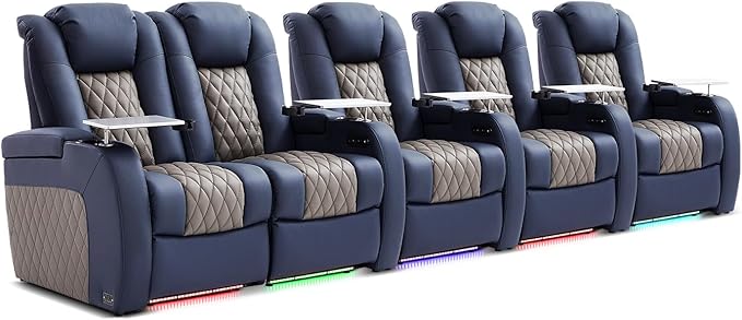 Home Theater Seating, Top Grain Leather Movie Seats Recliner Chair, Zero Gravity Reclining Gaming Sofa with Power Headrest 7 Colors Ambient Lighting 5 Seats Loveseat Right Blue Grey