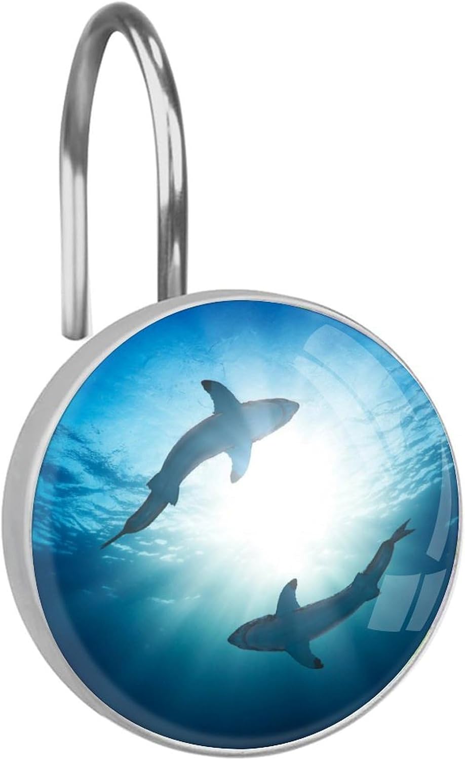 Sharks Shower Curtain Hooks, 12 Pcs Rust Proof Glass Surface Stainless Steel Curtain Rings for Bathroom Bedroom Living Room Kitchen Home Shower Rods Decor