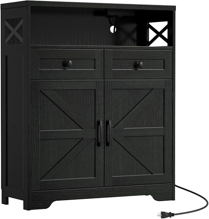 31.5" Black Storage Cabinet with Drawers and Shelf, Farmhouse Sideboard Buffet with Storage, Kitchen Pantry Hutch, Coffee Bar Cabinet Station Table for Kitchen, Living, Dining Room