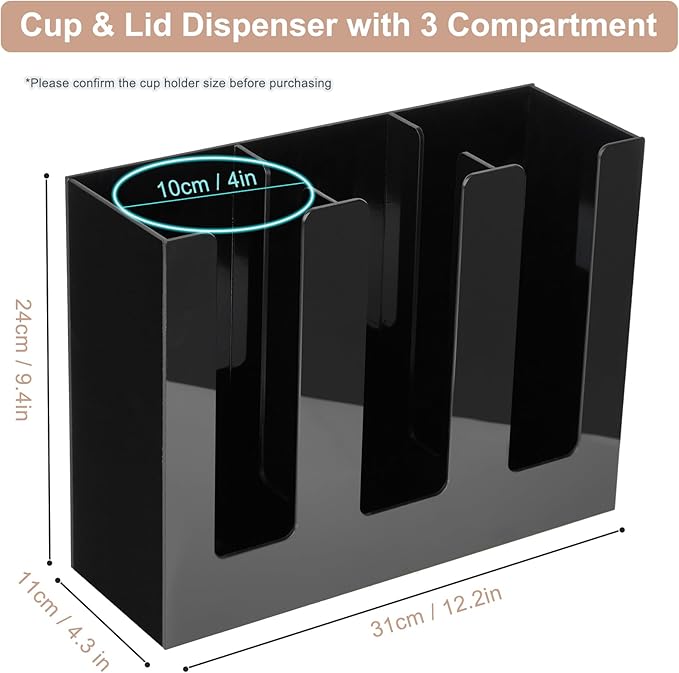 MYITYARD Coffee Cup Holder, Cup and Lid Organizer fits 5 to 16 oz Disposable Paper & Plastic Cups, Cup Dispenser Countertop, Acrylic Cup Storage for Home, Kitchen, Office (3 Compartment)