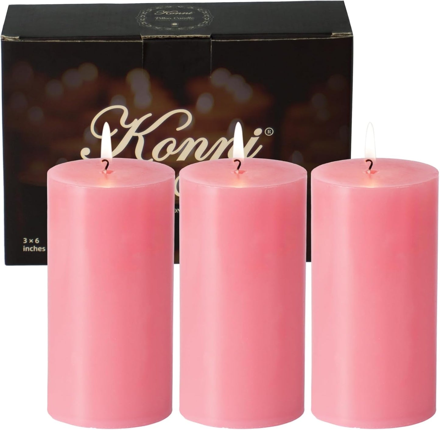 KONNI Pink Pillar Candles Set of 3, 3"x 6" Unscented Pillar Candles Bulk, 56 Hours Long Burning Candles, Smokeless&Dripless Large Round Candle for Wedding, Home Decoration, Parties, Spas, Dinner