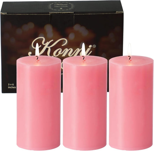 KONNI Pink Pillar Candles Set of 3, 3"x 6" Unscented Pillar Candles Bulk, 56 Hours Long Burning Candles, Smokeless&Dripless Large Round Candle for Wedding, Home Decoration, Parties, Spas, Dinner