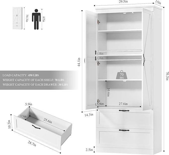 HOSTACK 70" Tall Kitchen Pantry Storage, Barn Doors Pantry Cabinet with Drawers and Adjustable Shelf, Modern Farmhouse Storage Cabinet for Kitchen, Dining Room, Living Room, Bathroom, White