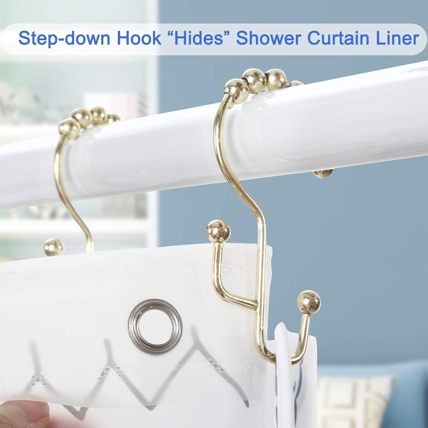 Shower Curtain Rings, SUTINE Shower Curtain Hooks, Stainless Steel Gold Shower Curtain Hooks Rust Proof, Easy Sliding Double Shower Hooks for Shower Curtains, Curtain & Liners, 12pcs-Gold