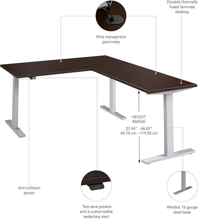 Bush Business Furniture 60-inch Height Adjustable L Shaped Standing Desk, Electric Sit-Stand Corner Computer Table, Ergonomic Office, Move 60 Series, Mocha Cherry with Metallic Gray Base